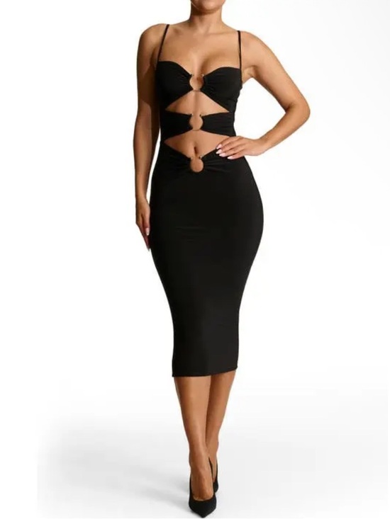 naked wardrobe Dresses & Skirts - Naked Wardrobe Cutout Metal Ring Bodycon Fitted Dress in Black NEW Size Large